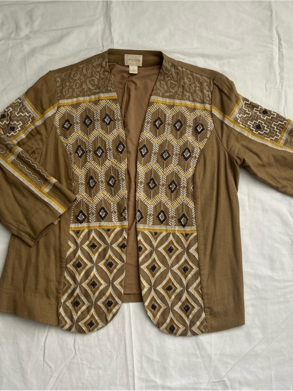 Chico's Olive Brown Embroidered Open-Front Blazer size 1